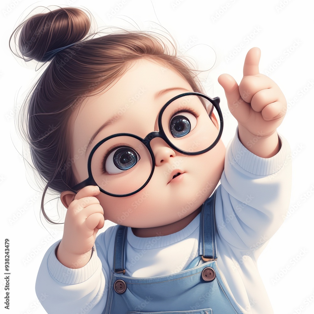 Cute cartoon girl with glasses pointing upwards with her finger.