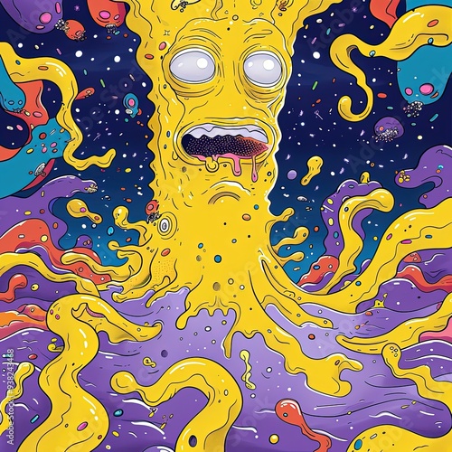 Hand drawn octopus monster illustration for full print t-shirt design,