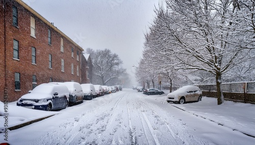 Snow Covered Street With Parked Vehicles Amid Soft Snowfall and Overcast Light