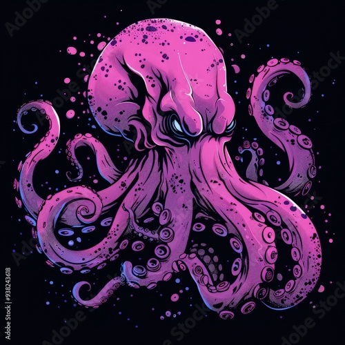 Hand drawn octopus monster illustration for full print t-shirt design,