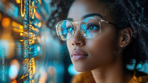 african american female it specialist analyzing holographic data streams sleek cybersecurity visuals and augmented reality elements create a hightech futuristic atmosphere