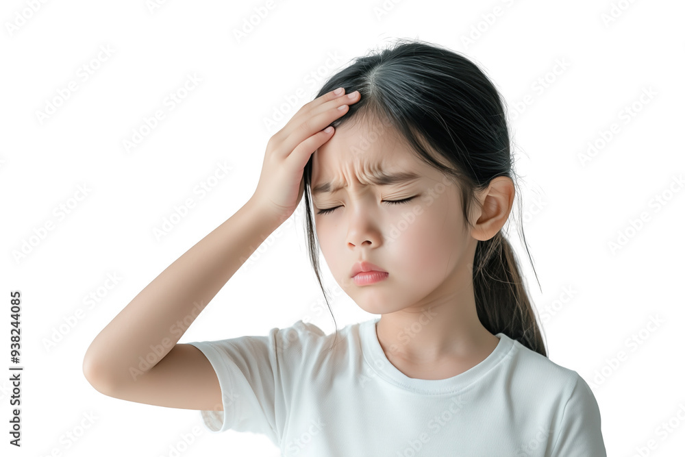 Asian girl suffering with a painful headache on transparent background Asian girl suffering with a painful headache on transparent background