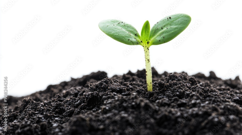 Close-up of a single green sprout emerging from dark soil, isolated against a clean white background. Close-up of a single green sprout emerging from dark soil, isolated against a clean white background.