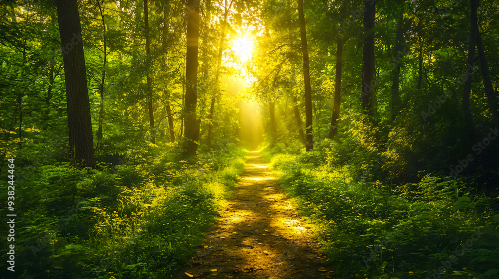 A sunlit path through a dense forest, creating a golden glow. A sunlit path through a dense forest, creating a golden glow.