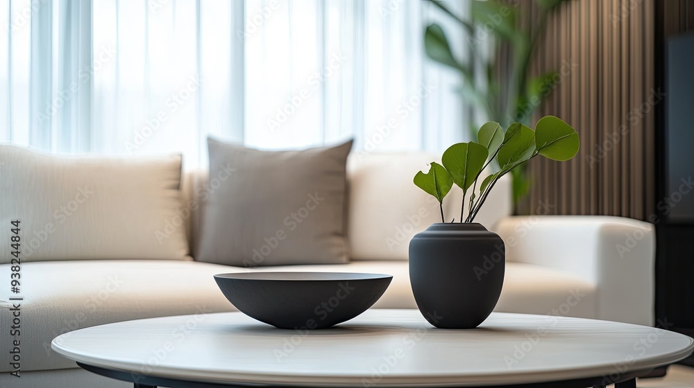 Close-up of modern, minimalist interior features like a sleek sofa and table, with neutral colors. Close-up of modern, minimalist interior features like a sleek sofa and table, with neutral colors.