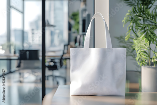 A white tote bag sits on a wooden table in an office setting with a blurred background.
