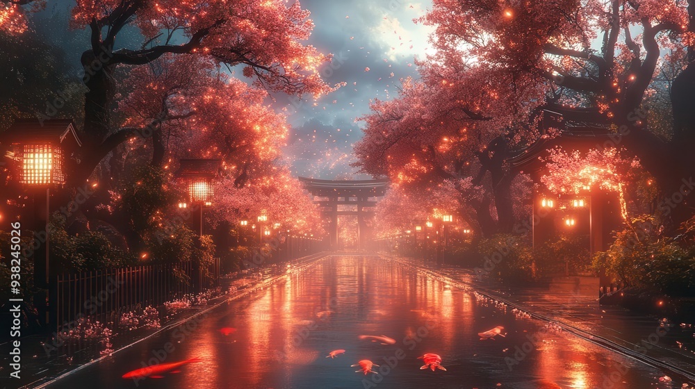 Fototapeta premium ancient kyoto temple garden in cyberpunk future neon cherry blossoms holographic koi blend of traditional and futuristic elements atmospheric lighting