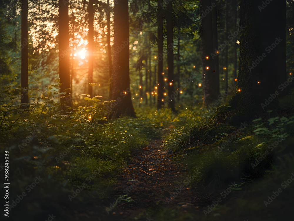 Obraz premium A magical forest path at dusk, with glowing fireflies illuminating the trees and undergrowth. A warm light from the setting sun peeks through the trees, creating a mystical atmosphere.