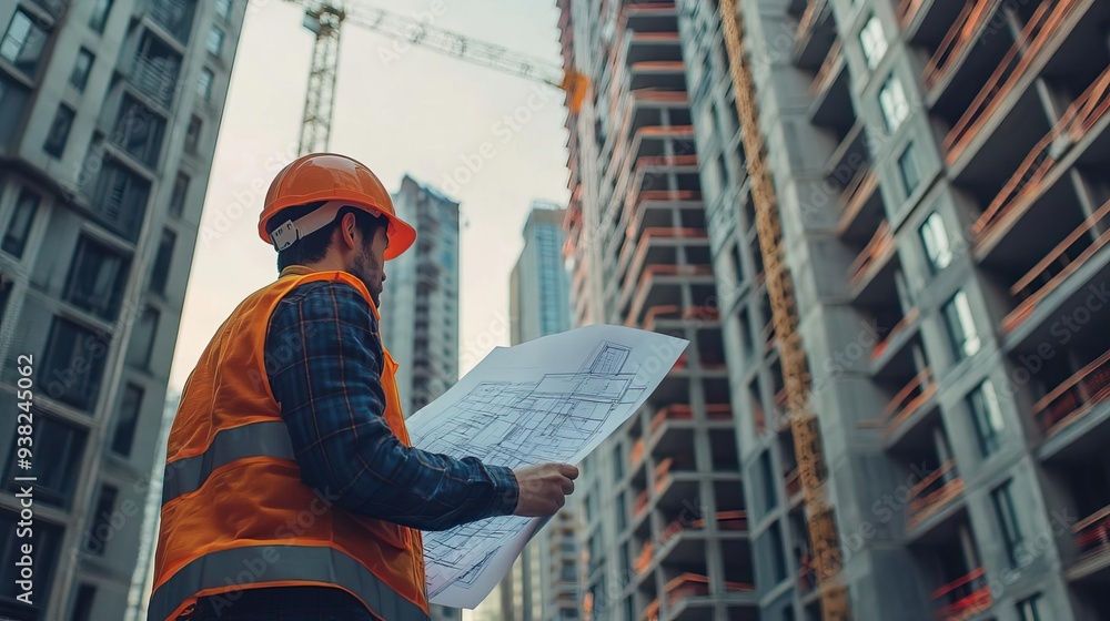 A construction worker examines blueprints at a building site, showcasing urban development and architectural planning. A construction worker examines blueprints at a building site, showcasing urban development and architectural planning.