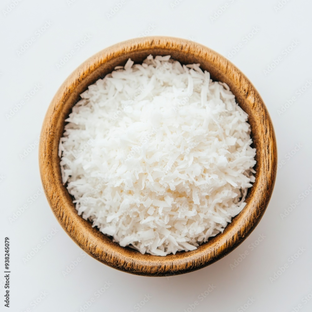 A top-down view of shredded coconut in a bowl, its snowy white texture inviting and fresh. The fine, fluffy shreds are perfectly arranged, ready to add a tropical touch to any dish. A top-down view of shredded coconut in a bowl, its snowy white texture inviting and fresh. The fine, fluffy shreds are perfectly arranged, ready to add a tropical touch to any dish.
