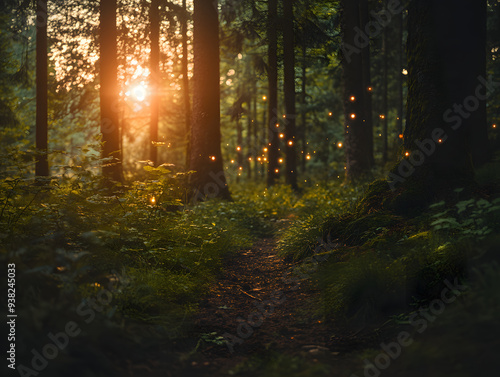 Wallpaper Mural A magical forest path at dusk, with glowing fireflies illuminating the trees and undergrowth. A warm light from the setting sun peeks through the trees, creating a mystical atmosphere. Torontodigital.ca
