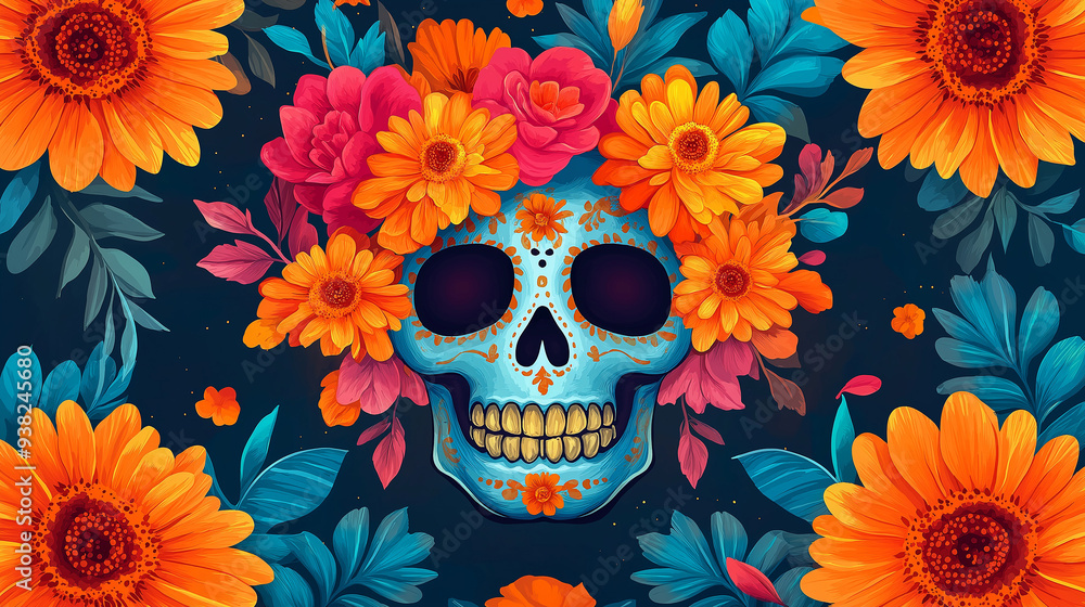 Sugar Skull Adorned with Vibrant Floral Wreath