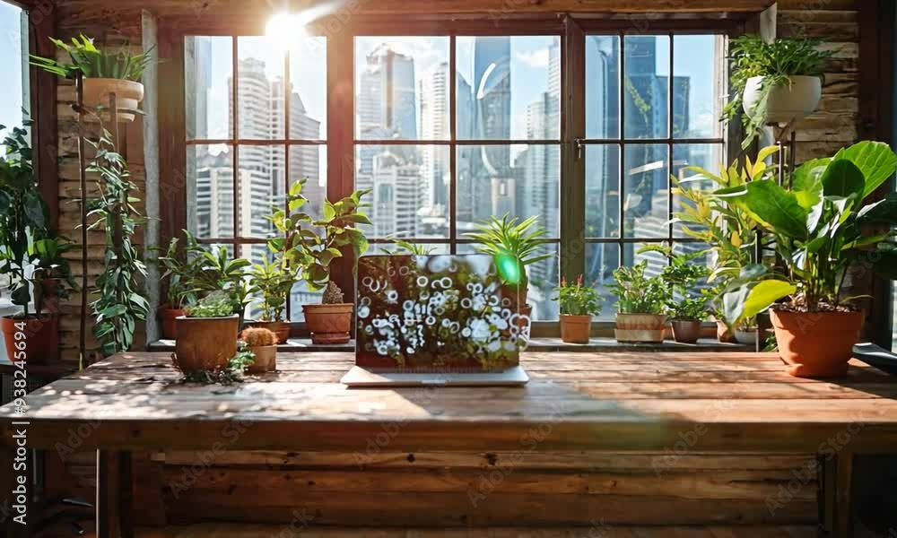 laptop on a wooden board with a city background laptop on a wooden board with a city background