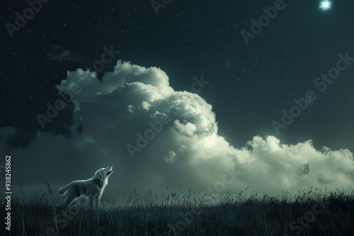 dog flying through the sky with moon in the background, cloud shaped like giant dog chasing playful moonbeam