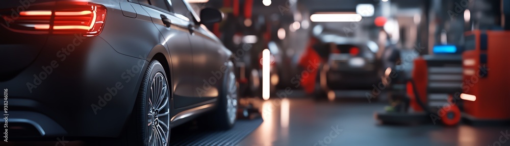 Fototapeta premium A sleek car parked in a modern workshop, showcasing advanced automotive technology and tools for efficient repairs.