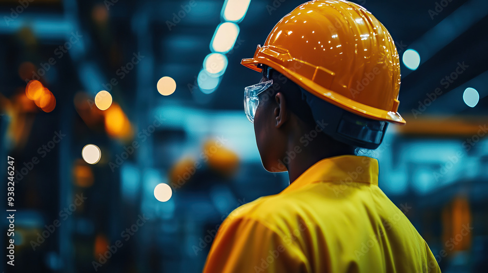 Engineer wearing safety gear and helmet observes operations in a modern industrial facility, ensuring efficiency and safety standards. Engineer wearing safety gear and helmet observes operations in a modern industrial facility, ensuring efficiency and safety standards.