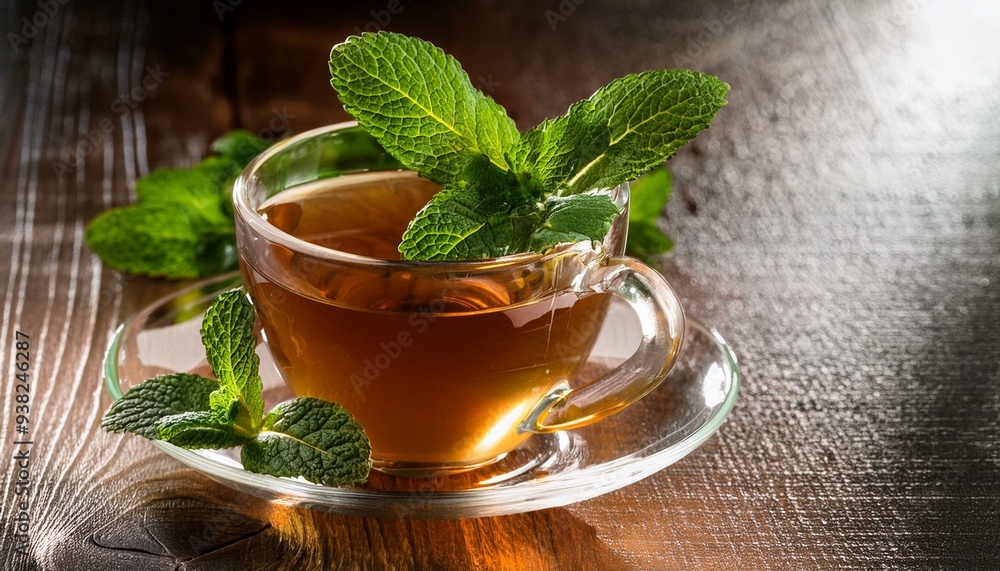 Soothing Peppermint Tea Mug with Fresh Mint Leaves on Rustic Backdrop Soothing Peppermint Tea Mug with Fresh Mint Leaves on Rustic Backdrop