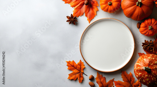 Empty white plate surrounded by pumpkins and autumn leaves on a white background, perfect for fall-themed designs or Thanksgiving preparations. photo