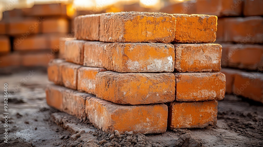 scene of a neatly stacked pile of red bricks at a construction site, ready for use, emphasizing their uniform shape and the anticipation of a structure soon to be built