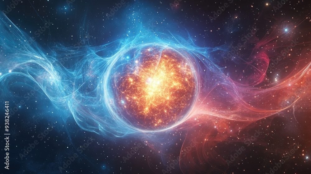 Ethereal abstract background depicting time and space with a central glowing orb surrounded by misty waves and stars. Ethereal abstract background depicting time and space with a central glowing orb surrounded by misty waves and stars.
