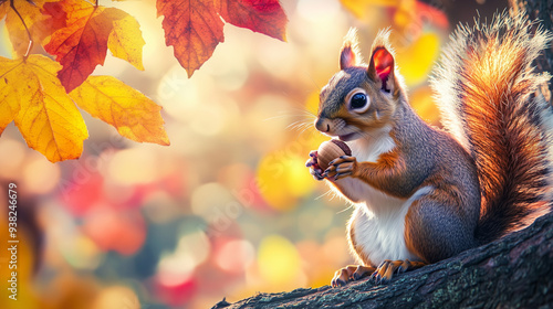 Adorable squirrel holding an acorn on a tree branch surrounded by vibrant autumn leaves