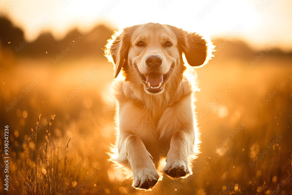 A golden retriever dog leaps through a field of tall grass, bathed in the warm glow of a setting sun. A golden retriever dog leaps through a field of tall grass, bathed in the warm glow of a setting sun.