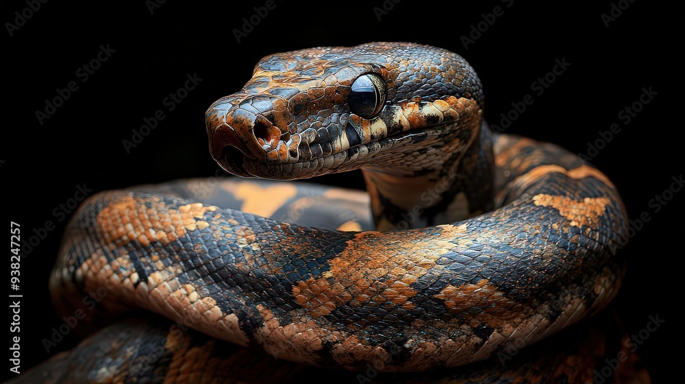 Close-up of a coiled snake with intricate patterns on its scales. Close-up of a coiled snake with intricate patterns on its scales.