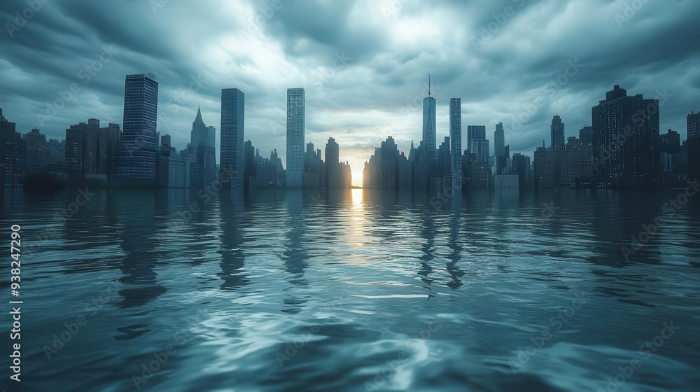Fototapeta premium apocalyptic cityscape submerged in rising floodwaters skyscrapers emerge like islands reflecting ominous storm clouds