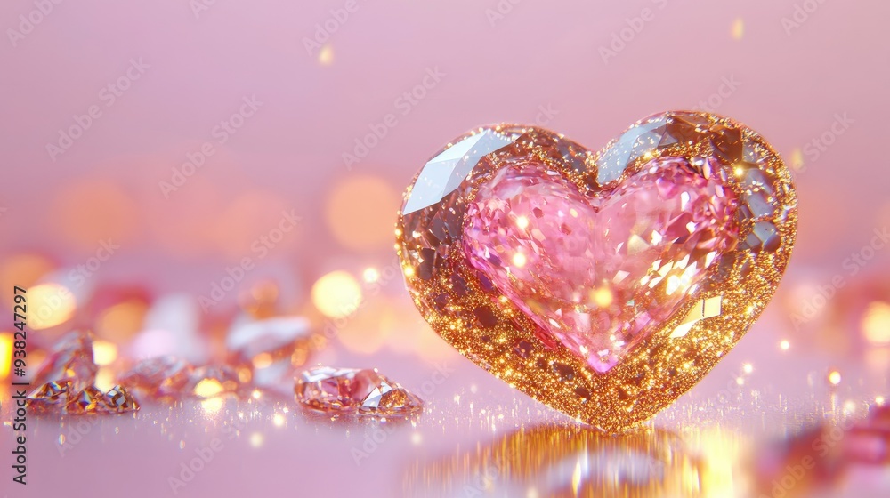 Luxurious heart-shaped diamond jewelry glowing with golden sparkles, against a soft pink background. Luxurious heart-shaped diamond jewelry glowing with golden sparkles, against a soft pink background.