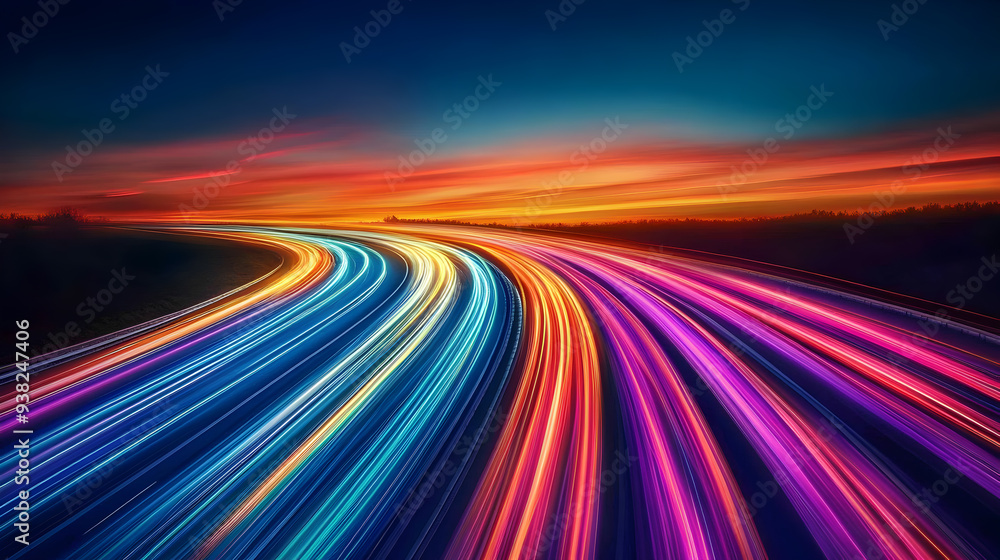 Abstract light trails of speeding cars on a winding road during a colorful sunset. Abstract light trails of speeding cars on a winding road during a colorful sunset.