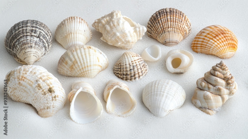 Minimalist collection of seashells arranged on white sand, against a plain backdrop, emphasizing natural textures. Minimalist collection of seashells arranged on white sand, against a plain backdrop, emphasizing natural textures.