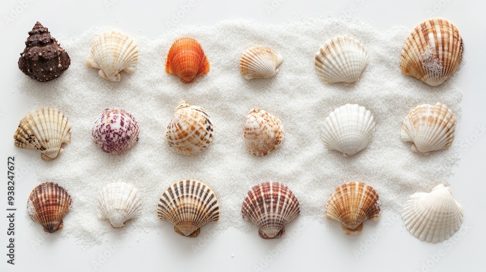 Minimalist collection of seashells arranged on white sand, against a plain backdrop, emphasizing natural textures. Minimalist collection of seashells arranged on white sand, against a plain backdrop, emphasizing natural textures.