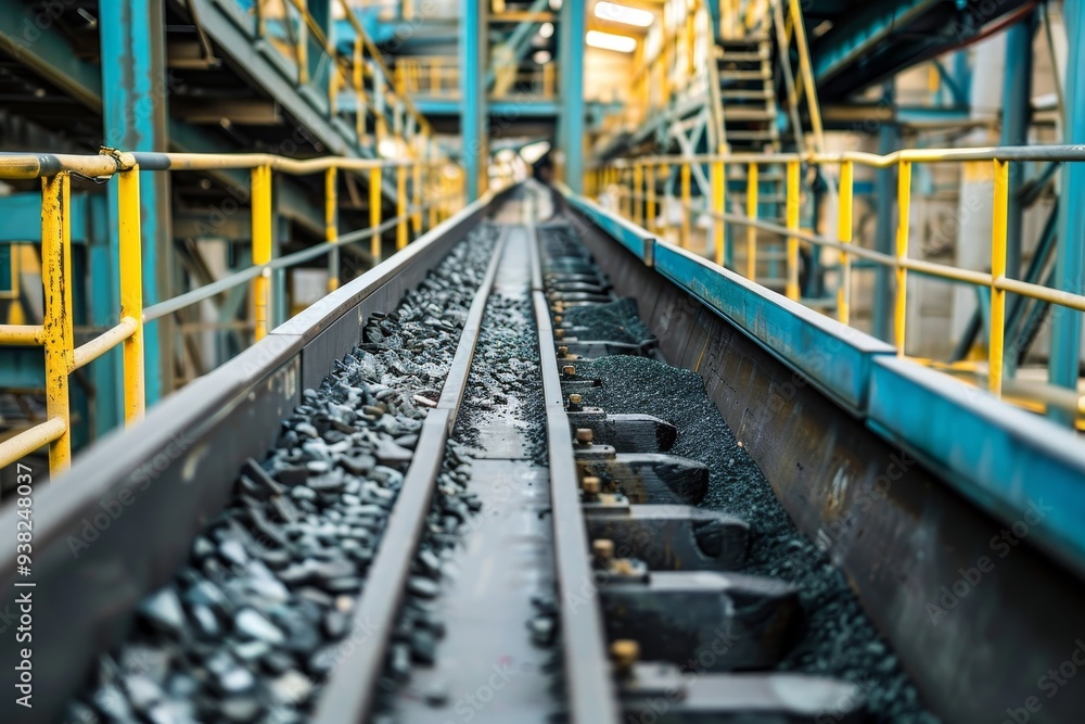 conveyor belt with bunch of bags on it, conveyor belt carrying raw materials through processing plant conveyor belt with bunch of bags on it, conveyor belt carrying raw materials through processing plant