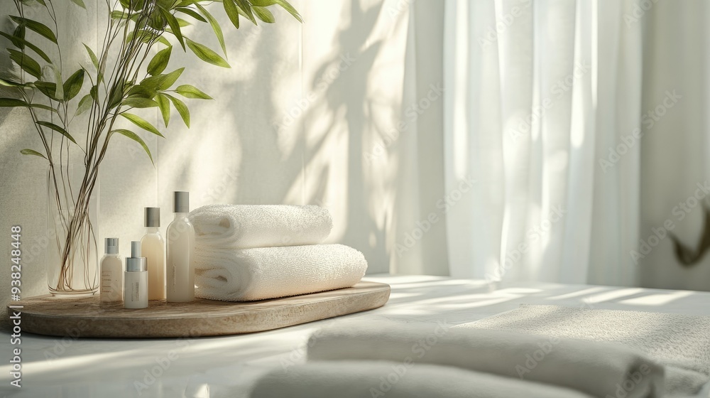 Minimalist spa setup with beauty elements, soft white backdrop, and calming bokeh effects for a relaxed feel. Minimalist spa setup with beauty elements, soft white backdrop, and calming bokeh effects for a relaxed feel.