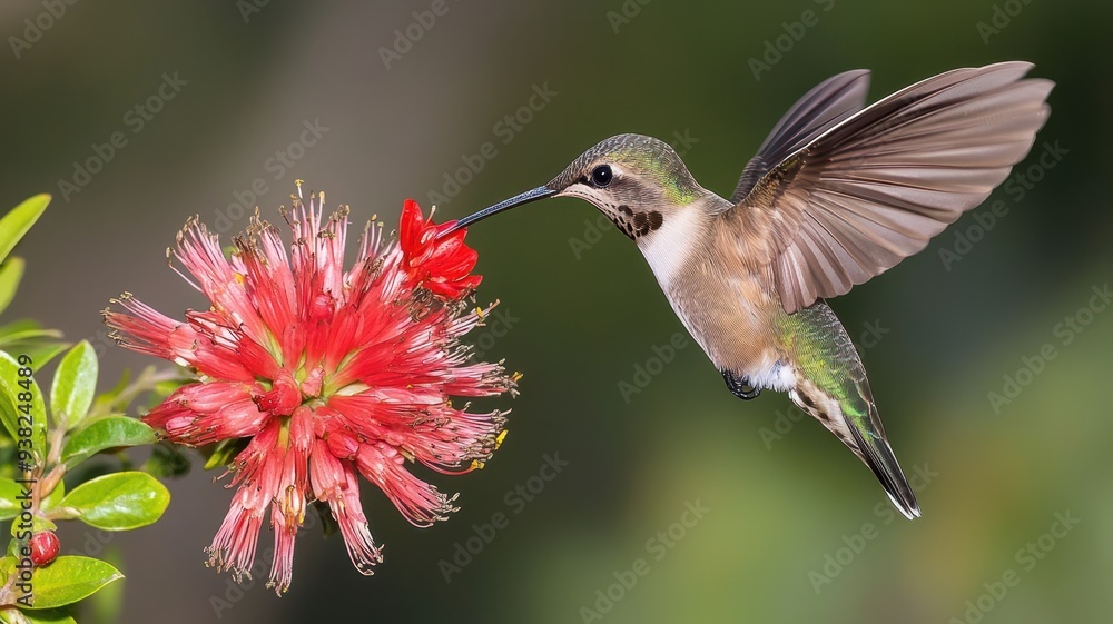 Fototapeta premium A vibrant hummingbird hovering near a stunning red flower, showcasing the beauty of nature in a captivating moment.