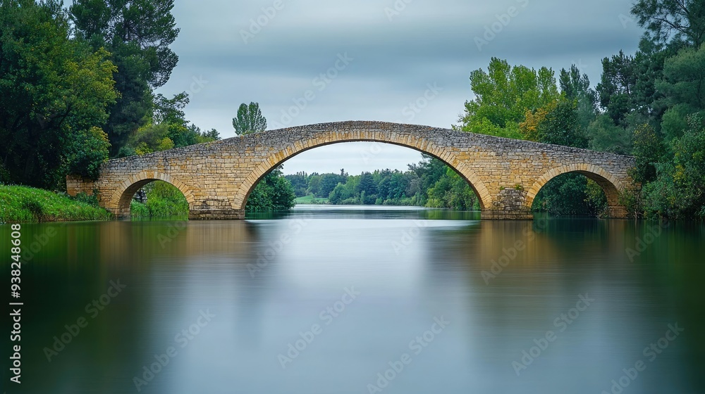 Minimalist view of a medieval stone bridge arching over a calm river, with a plain background to focus on its historic form. Minimalist view of a medieval stone bridge arching over a calm river, with a plain background to focus on its historic form.