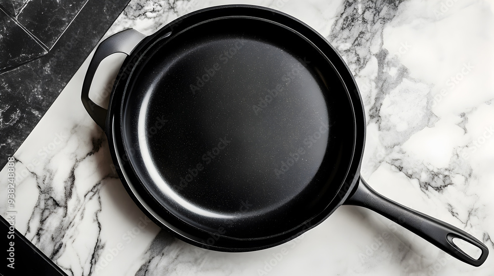 Black cast iron skillet on marble countertop. Black cast iron skillet on marble countertop.