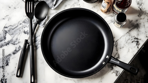 Black frying pan with a handle and utensils on a marble counter.
