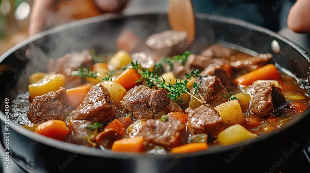 Hearty beef stew with vegetables simmering in a pot, garnished with fresh herbs. Hearty beef stew with vegetables simmering in a pot, garnished with fresh herbs.