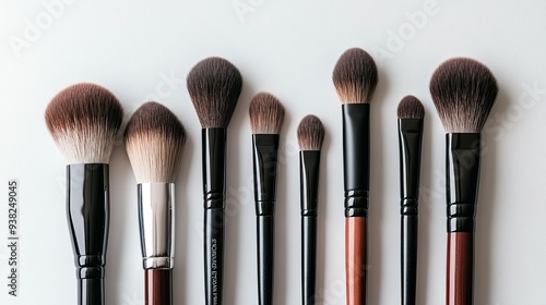 Neatly arranged makeup brushes in a minimalist style on a clean white backdrop, showcasing various sizes and types of bristles.