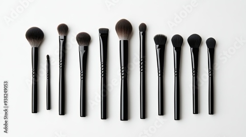 Neatly arranged makeup brushes in a minimalist style on a clean white backdrop, showcasing various sizes and types of bristles.