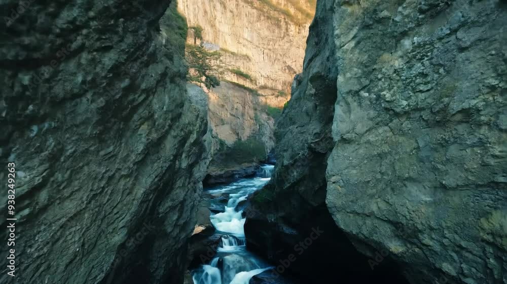 Narrow Gorge with Towering Rock Walls and Trickling Stream Below Narrow Gorge with Towering Rock Walls and Trickling Stream Below