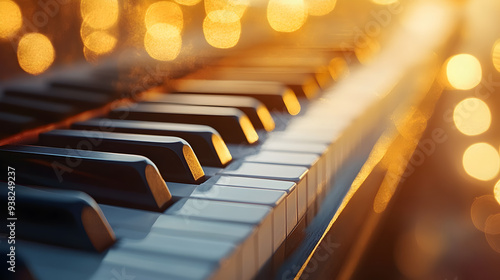 Close-up of a piano keyboard with warm bokeh lights in the background.