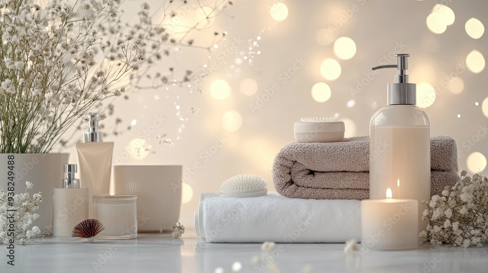 Serene spa scene with beauty products and a relaxed atmosphere, set against a clean white background with soft bokeh lights. Serene spa scene with beauty products and a relaxed atmosphere, set against a clean white background with soft bokeh lights.