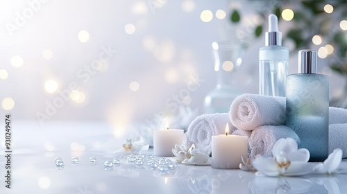 Serene spa scene with beauty products and a relaxed atmosphere, set against a clean white background with soft bokeh lights.