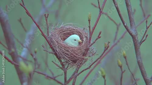 A serene image of a small white bird nested among budding tree branches, set against a soft background in the morning fog, capturing a peaceful moment in nature. photo