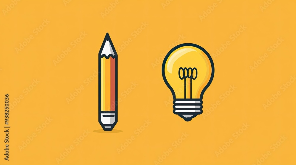 Simple design of a pencil and a light bulb icon together, illustrating creativity on a clean background. Simple design of a pencil and a light bulb icon together, illustrating creativity on a clean background.