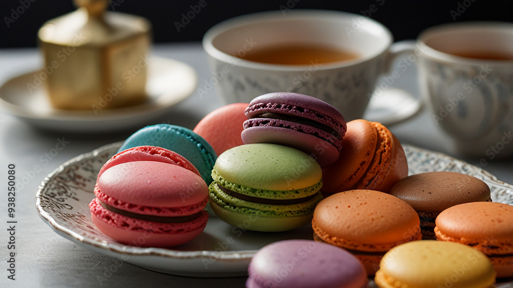 A Close-up Of Colorful French Macarons Arranged Neatly On A Delicate Plate, With A Cup Of Tea Beside Them, Food Image A Close-up Of Colorful French Macarons Arranged Neatly On A Delicate Plate, With A Cup Of Tea Beside Them, Food Image