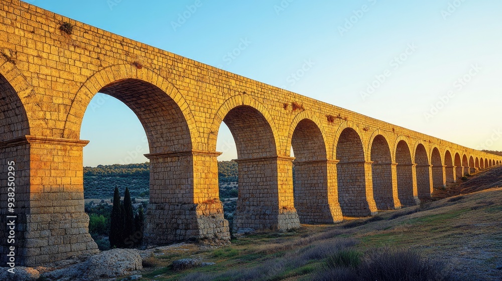 Obraz premium Simple image of a medieval aqueduct, showcasing its ancient arches against a clean, clear sky.