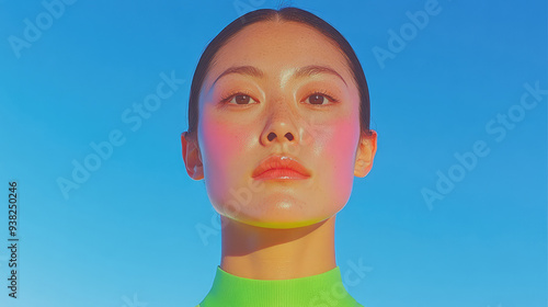 A striking portrait captures a person with their hair slicked back, illuminated by colorful lighting against a vibrant blue background, highlighting their bright cheeks and lips in high contrast. photo